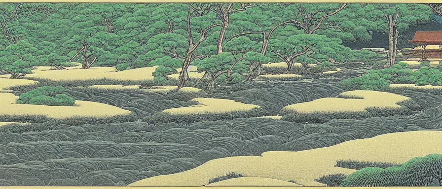 Prompt: The stream runs through the valley, by Hasui Kawase