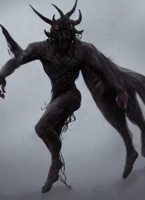 Image similar to terrific jinn demon with hoof on his feet with long cloth, horror, dark atmosphere, harsh lighting, cinematic lighting, scary, award wining art, artstation, high details, concept art, 4 k