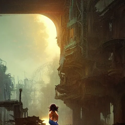 Prompt: a beautiful picture of a blue eye girl, ruins of a destroyed city and a yellow-red moon on background, rainy atmosphere, natural volumetric light, intricate, highly detailed, digital painting, artstation, concept art, sharp focus, illustration, art by greg rutkowski and alphonse mucha