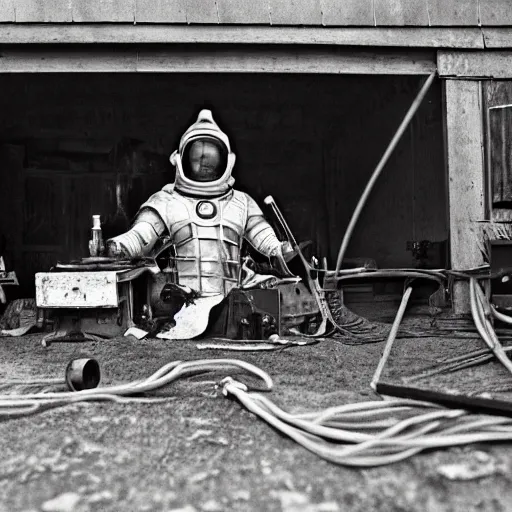 Prompt: wide angle photo of viking wearing space suit helmet and viking armor working on the antigravity gun ancient device, tools and junk on the ground,wires and lights, old village in the distance, vintage old photo, black and white, sepia