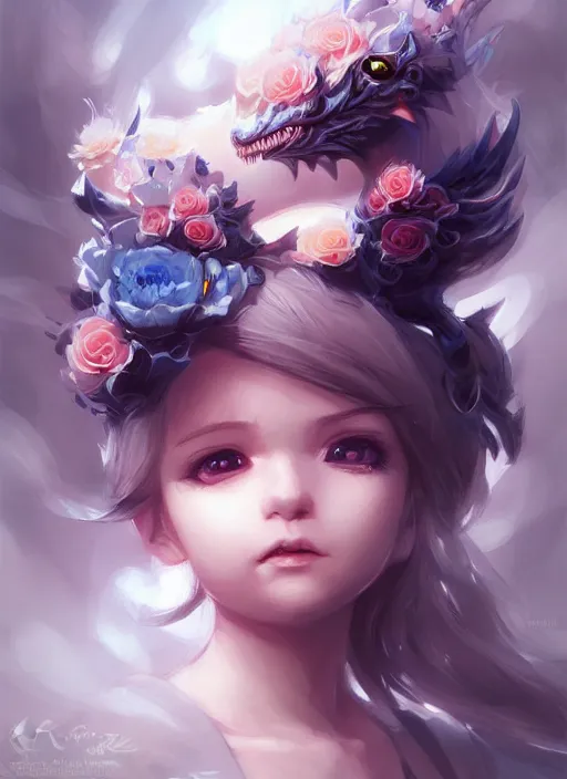 Image similar to cute baby dragon, black, white, blue, pink and gold color scheme, flowers, cool, highly detailed, artgerm, cushart krenz, artstation, soft light, sharp focus, illustration, character design, concept art