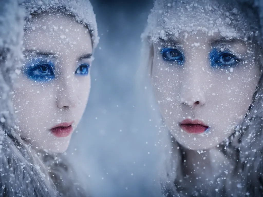 Image similar to the piercing stare of yuki onna, snowstorm, blizzard, mountain snow, canon eos r 6, bokeh, outline glow, asymmetric beauty, blue skin