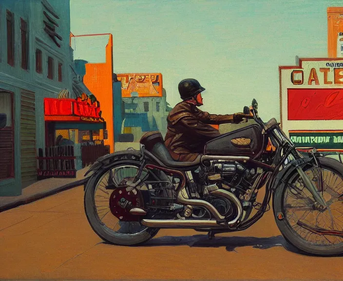 Prompt: a very detailed painting of a man wearing a leather jacket, riding a motorbike, harley davidson motorbike, worm's - eye view, very fine brush strokes, in the style of edward hopper and grant wood and syd mead, 4 k,