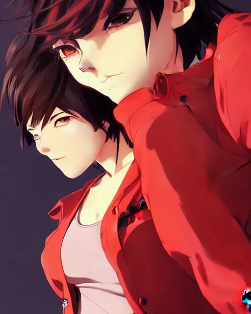 Prompt: makoto shinkai, artgerm, yoji shinkawa, ilya kuvshinov, beautiful anime woman, red shirt brown pants, clockpunk, black and red hair hair, symmetrical face, symmetrical eyes, full round face, short smile, detailed, summer setting, cinematic lighting