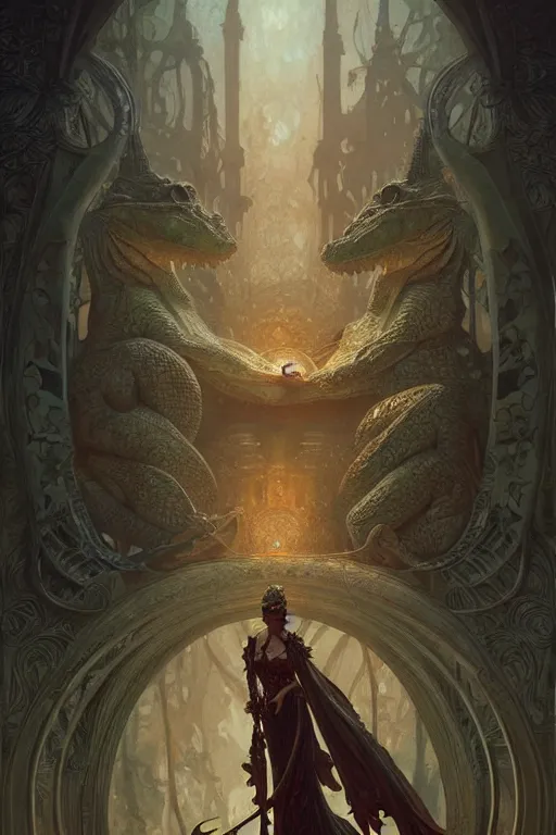 Prompt: crocodile god date, d & d, fantasy, intricate, elegant, highly detailed, digital painting, artstation, concept art, matte, sharp focus, illustration, art by artgerm and greg rutkowski and alphonse mucha