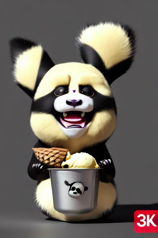 Image similar to high quality 3 d render hyperrealist very cute gothic grumpy panda & dragon hybrid eating ice cream, vray smooth, in the style of detective pikachu, very dramatic light, low angle, uhd 8 k, shallow depth or field