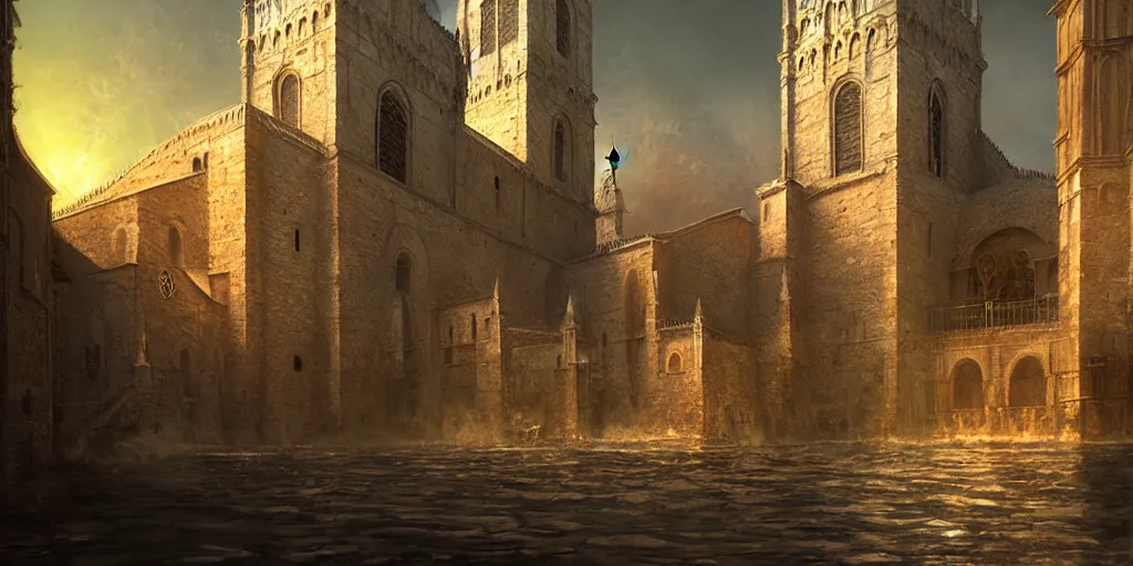Prompt: mysterious italian medieval cathedral by the sea, art by evan cagle and craig mullins