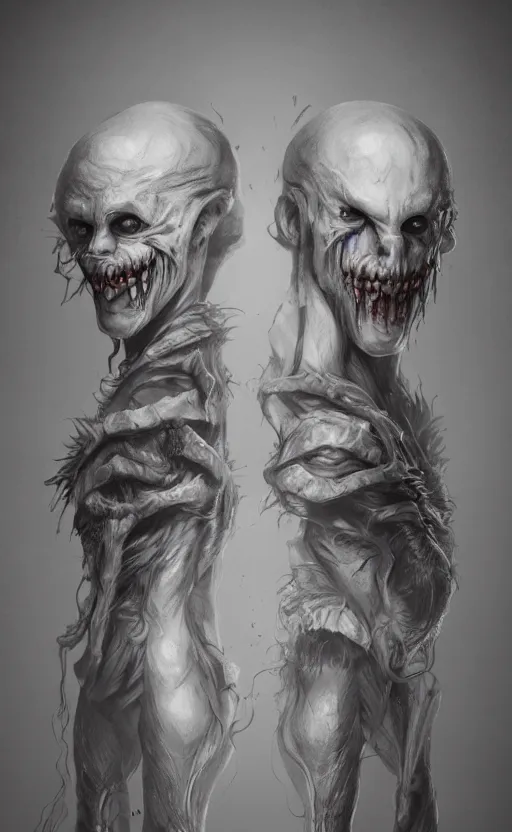 Image similar to full body portrait of of a two headed monster smiley creepily, dynamic lighting, photorealistic, fantasy concept art, ambient lighting, atmospherical, stunning visuals, creative, cinematic, ultra detailed, trending on art station