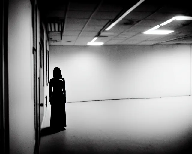 Image similar to creepy woman wearing white dress standing in the backrooms, the eerie forlorn atmosphere of a place that's usually bustling with people but is now abandoned and quiet, buzzing fluorescent lights above the ceiling, unsettling images, liminal space, dark,