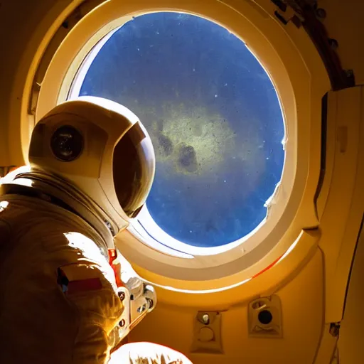 Prompt: astronaut looking out the window of a cozy space habitat on Mars