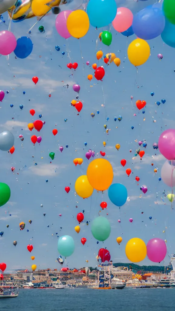 Image similar to photo of a lot of birthday balloons floating above a beautiful maritime port. sharp focus, highly - detailed, award - winning