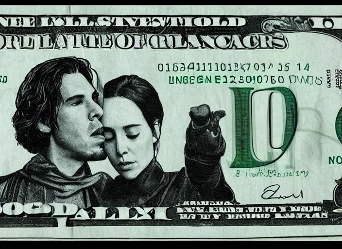 Image similar to reylo kissing, american dollar bill