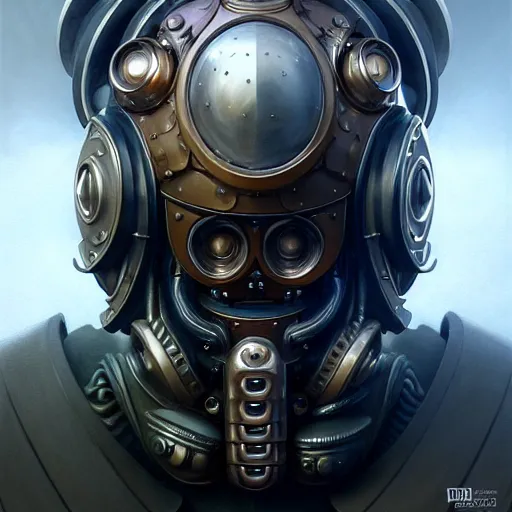 Image similar to low angle shot of a cyberpunk gazmask robot character, intricate, elegant, highly detailed, centered, digital painting, artstation, concept art, smooth, sharp focus, illustration, artgerm, Tomasz Alen Kopera, Peter Mohrbacher, donato giancola, Joseph Christian Leyendecker, WLOP, Boris Vallejo