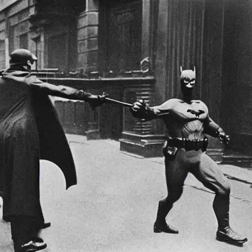 Prompt: a close - up old black and white photo, 1 9 1 3, depicting batman fighting a mafia boss in an ally of new york city, rule of thirds, historical record