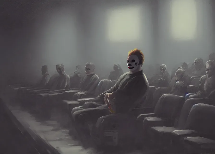 Prompt: painting of Michael Myers sitting in a row of movie theater seats eating popcorn, sharp focus, face focused, trending on ArtStation, masterpiece, by Greg Rutkowski, by Ross Tran, by Fenghua Zhong, octane, soft render, oil on canvas, moody lighting, high contrast, light off, cinematic, professional environmental concept art