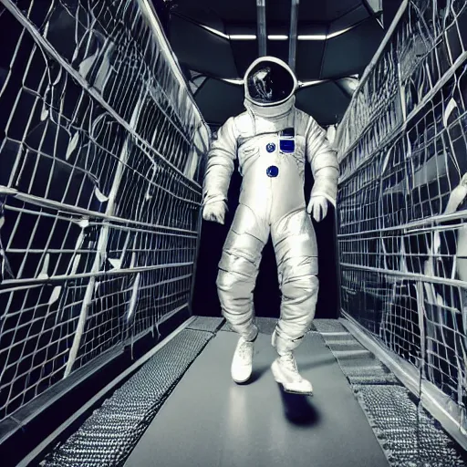 Image similar to mysterious man in silver space suit, walking on an industrial catwalk with stairs that lead nowhere, floating in deep space with a black background, photograph, wide angle