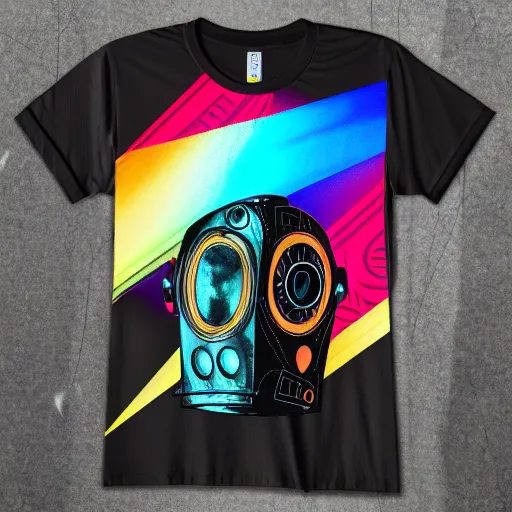 Image similar to mockup of a black tshirt with a hyperdetailed portrait of a spaced out steam punk robot, 8 k, symetrical, flourescent colors, multicolored,