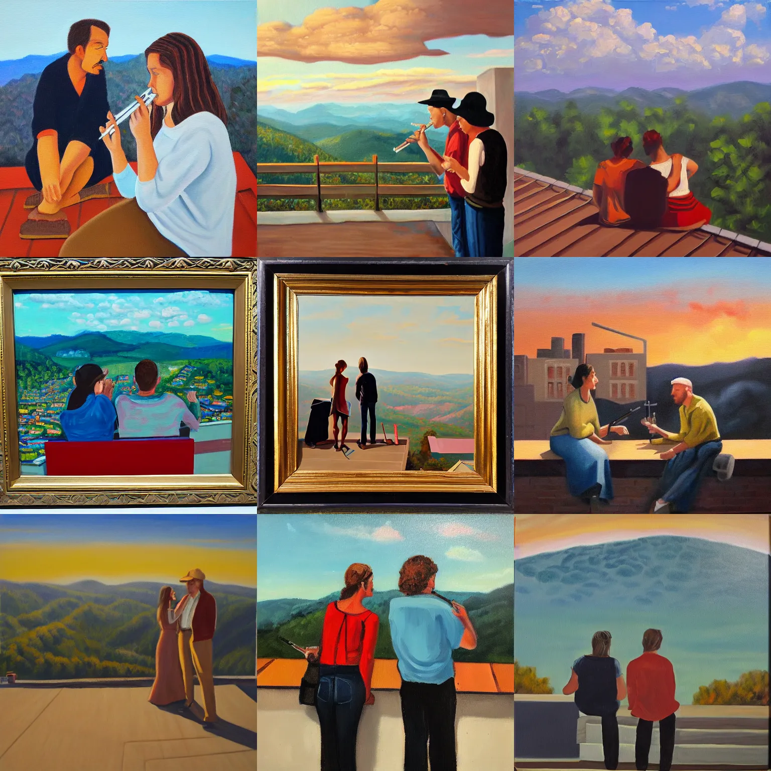 Prompt: two people smoking cigarettes on a rooftop, looking over west virginia, original oil on canvas painting by sydney mount