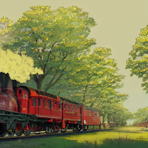 Image similar to concept art painting of a historic transverse view of a steam train, the train carries a cherry tree in flower, realistic, detailed, cel shaded, in the style of makoto shinkai and greg rutkowski and james gurney