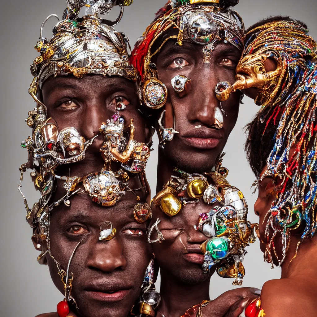 Prompt: a high-resolution color-chrome closeup portrait, hyper realistic African voodoo priest, kissing a incredible elegant alien rococo Queen, ornate jewelled, sci-fi, high-tech, beautiful low light, style Steve McCurry Octane render 8k