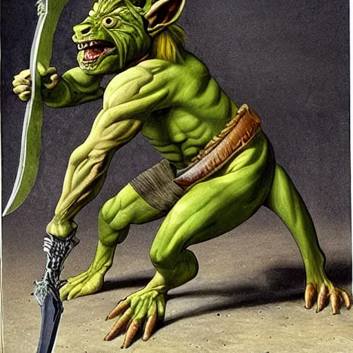 Image similar to dog - faced muscular goblin, ugly face, lizard tail, holding scimitar made of bone, scimitar, sword, jagged sword, curved sword, orkish sword, colorized, green skin, hyper - detailed, primeval fantasy, prehistoric fantasy, art by jacques - louis david