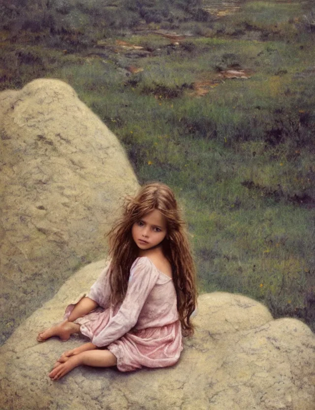 Image similar to peasant barefoot girl with blowing hair sitting on the edge of rock, cottage core, cinematic focus, polaroid photo bleached vintage pastel colors high - key lighting, soft lights, foggy, by steve hanks, by lisa yuskavage, by serov valentin, by tarkovsky, 8 k render, detailed, oil on canvas