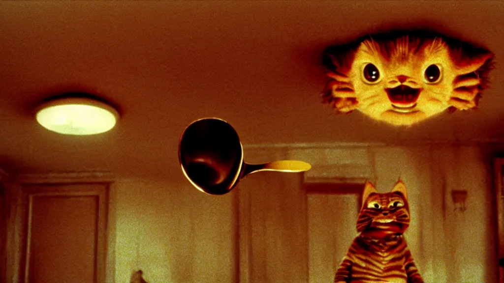 Prompt: a strange Garfield crawls on the living room ceiling holding a spoon, film still from the movie directed by Wes Anderson with art direction by Zdzisław Beksiński, wide lens