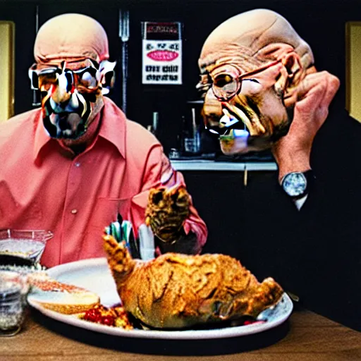 Image similar to Walter White eating fried chicken with pink sauce