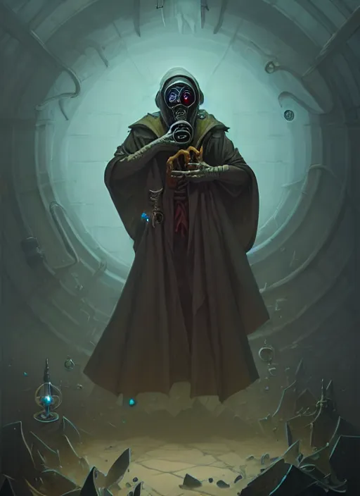 Prompt: the old necromancer, wearing a wizard cloak, gas mask, in the style peter mohrbacher, hyper detailed, intricate, complex, 8 k, crisp,
