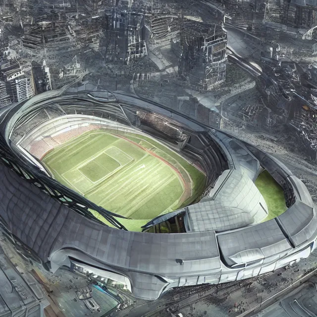 Prompt: a futuristic stadium with a giant metal gear on the field, the stadium has a full crowd, unreal engine, hyper realism, realistic shading, cinematic composition, realistic render, octane render, detailed textures, photorealistic, wide shot