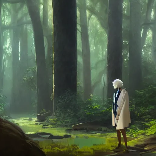 Image similar to concept art painting of an anthropomorphic humanoid albino raven wearing dark blue robes, in the deep forest, realistic, detailed, cel shaded, in the style of makoto shinkai and greg rutkowski and james gurney