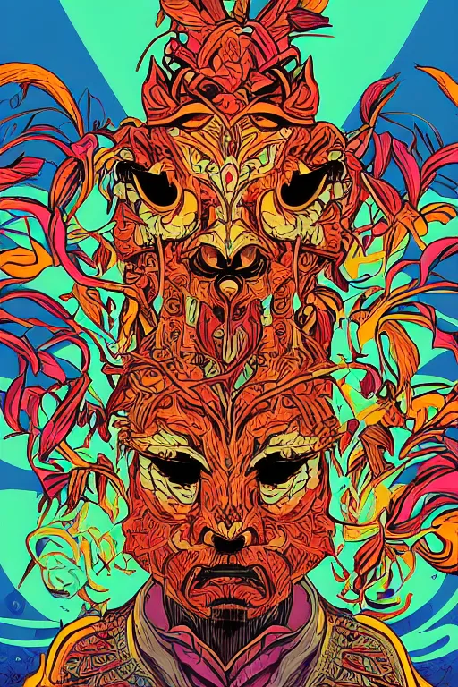 Image similar to animal mask totem roots flower tribal feather gemstone plant wood rock shaman vodoo video game vector cutout illustration vivid multicolor borderlands comics by josan gonzales and dan mumford radiating a glowing aura