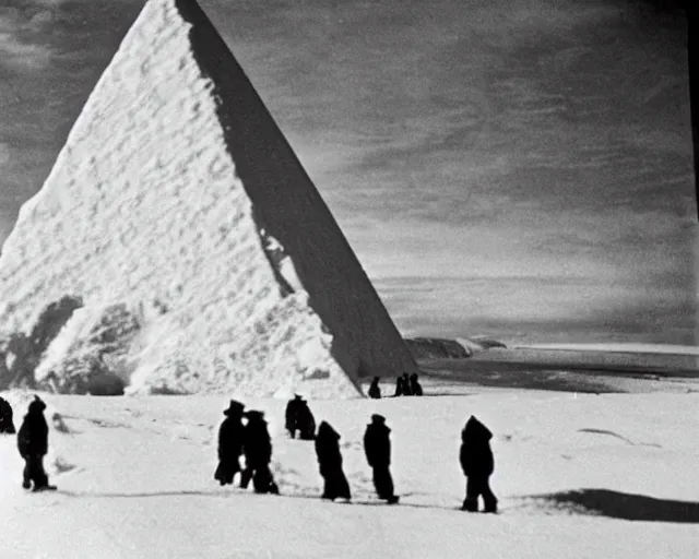 Image similar to “A black and white vintage photograph of Shackleton discovering the Black Pyramid of Antarctica”