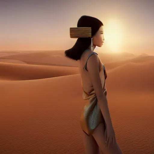 Image similar to innovative avant-garde art, deco fashion, asian women, highly detailed, photorealistic portrait, serene desert setting, golden hour, crisp quality and light reflections, unreal engine 5 quality render