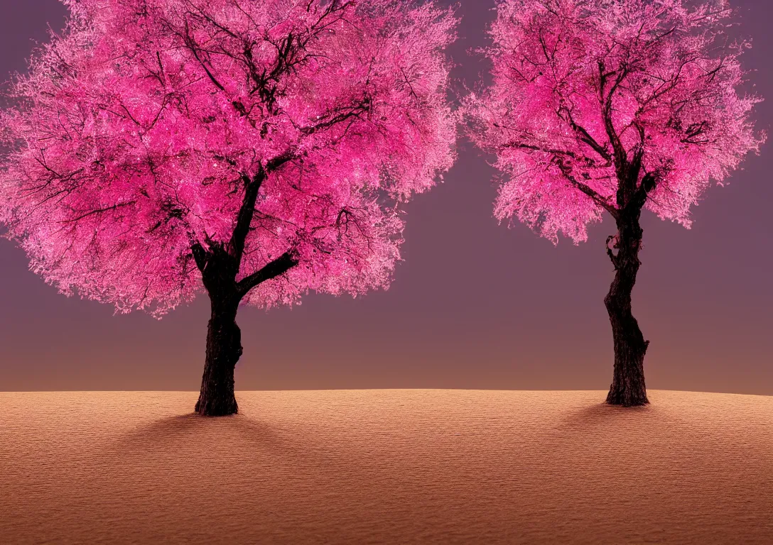 Prompt: a lonely pink tree in a dark desert, sand, gold, bright light, detailed photography, vivid colors, ultra realistic, 8 k, photography