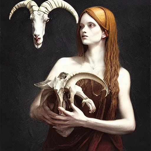 Prompt: woman with goat horns holding an animal skull, style of da vinci, fantasy illustration, by greg rutkowski