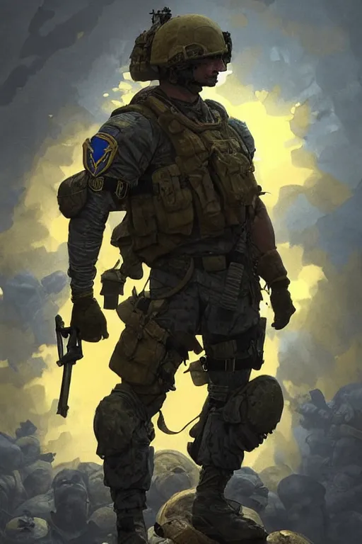 Image similar to special forces soldier with ukrainian blue yellow flag standing on a pile of skulls as a winner, masculine figure, d & d, fantasy, bright atmosphere, volumetric lights, intricate, elegant, extremely detailed, digital painting, artstation, concept art, matte, smooth, sharp focus, hyper realistic, illustration, art by artgerm and greg rutkowski and alphonse mucha