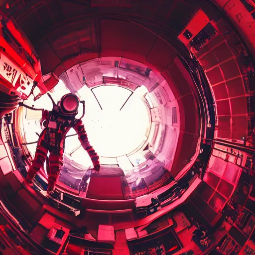 Image similar to color photo of fit man going in spacesuit in cyberpunk city in red and white light from ground level fisheye, cyberpunk, hyper detailed, old camera - H 1280 - 720