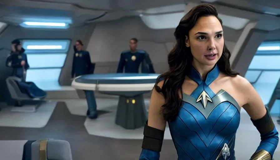 Prompt: Gal Gadot, wearing a regulation starfleet uniform, is the captain of the starship Enterprise in the new Star Trek movie