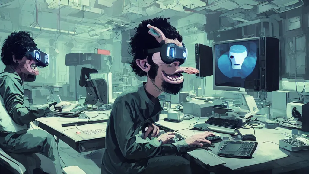 Image similar to happy hacker at a computer in a vr mask in a scifi movie, by jamie hewlett, nuri iyem, james gurney, james jean, greg rutkowski, anato finnstark. pixar. hyper detailed, 5 0 mm, perfect faces