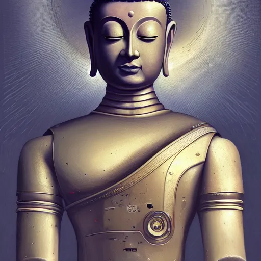 Prompt: A beautiful detailed whole body portrait painting of the Buddha, robot revolution, apocalypse, highly detailed, digital painting, artstation, cgscoiety, dramatic lighting, cinematic, establishing shot, intricate, smooth, sharp focus, illustration, Unreal Engine 5, concept art, 8K, art by Westworld and Esao Andrews.