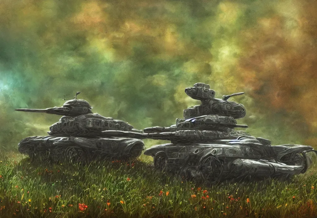Prompt: small steel colored futuristic military tank, fertile green forest environment, flowers and fantastic animals, fantasy art, scifi art, airbrush