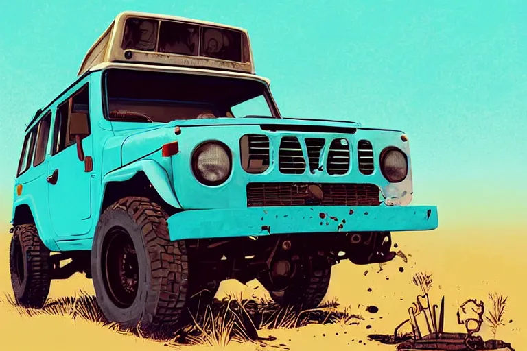 Image similar to digital illustration of a faded cyan mad max's fj 4 0 decrepit!!!! pursuit special, rusty!!! nissan fj cruiser heavily modded 1 9 9 0 s, the last v 8 interceptor by makoto shinkai, ilya kuvshinov, lois van baarle, rossdraws, basquiat