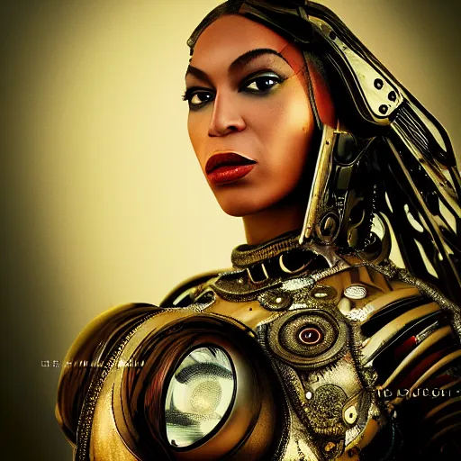 Image similar to beyonce steampunk cyborg, movie poster, sharp focus, contemporary fashion shoot, by edward robert hughes, annie leibovitz and steve mccurry, david lazar, jimmy nelsson, extremely detailed, hyperrealistic, perfect face, octane render