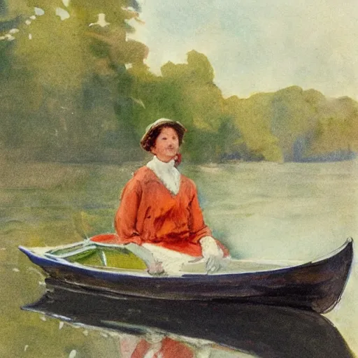 Prompt: An edwardian woman sitting in a boat on a calm lake in the style of Anders Zorn