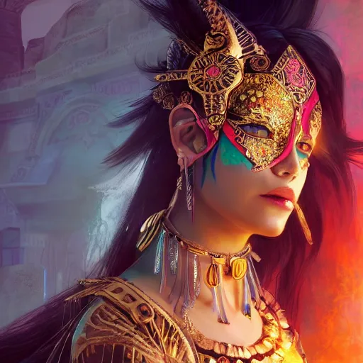 Prompt: the portrait, beautiful aztec masked female violinist, exotic costumes, gold jewelry, black hair ， illustration by wenjun lin, irakli nadar, bright colors, octopath traveler, wenjun lin, unreal engine 5 highly rendered, global illumination, radiant light, detailed and intricate environment