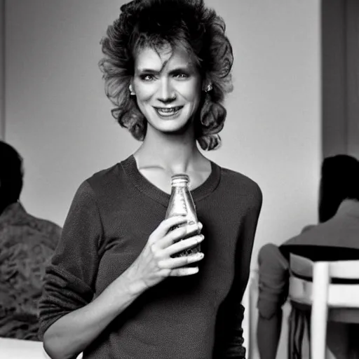 Prompt: a 1980s supermodel holding a coke bottle in her left hand about ready to take a sip