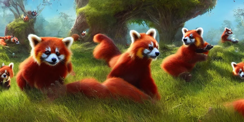 Prompt: a group of happy red pandas in the grass in front of fairy village, concept art by senior environment artist, cgsociety, furry art, artstation hq, playstation 5 screenshot