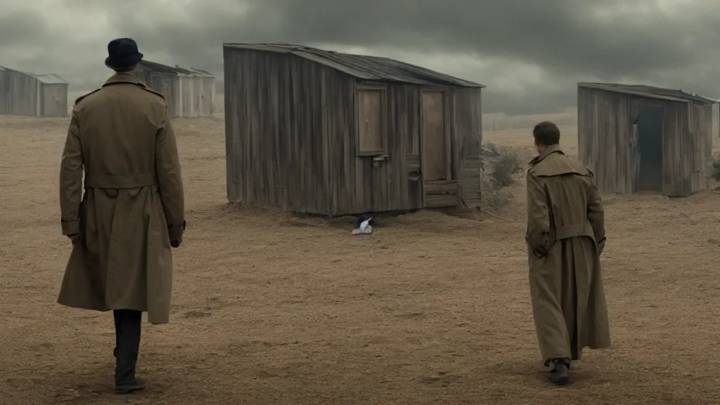 Prompt: a man in a trench coat walks into a shack, old technology lines the walls, film still from the movie directed by Denis Villeneuve, wide lens