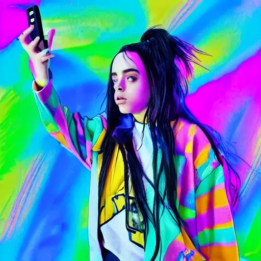 Image similar to a combination of Billie Eilish, Ariana Grande and Camilla Cabello with a microphone, selfie, symmetric, high details, hyperrealistic, bright colors,